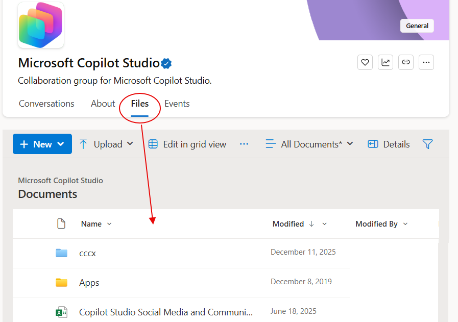 Simply open the Files tab near the top banner of the community to see its associated files.