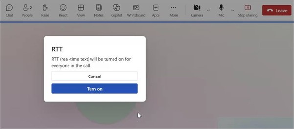 Teams meeting window with RTT panel at the bottom on the web browser..