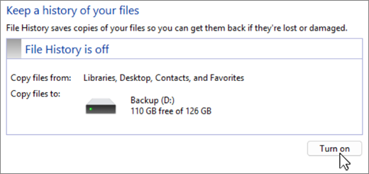 Screenshot of Windows File history backup setup.