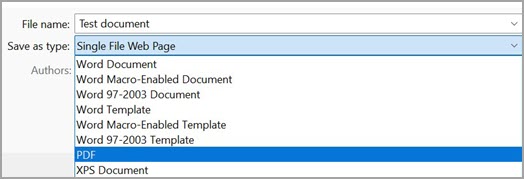 Image showing selection of 'PDF (*.pdf) from dropdown menu