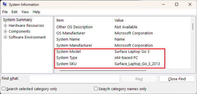 Shows System model information in the pane on the right.