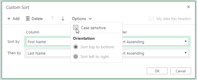 Custom sort dialog case when sensitive selected