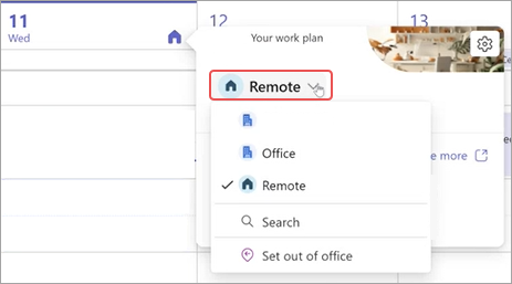 Screenshot showing work plan dropdown menu in the Teams calendar.