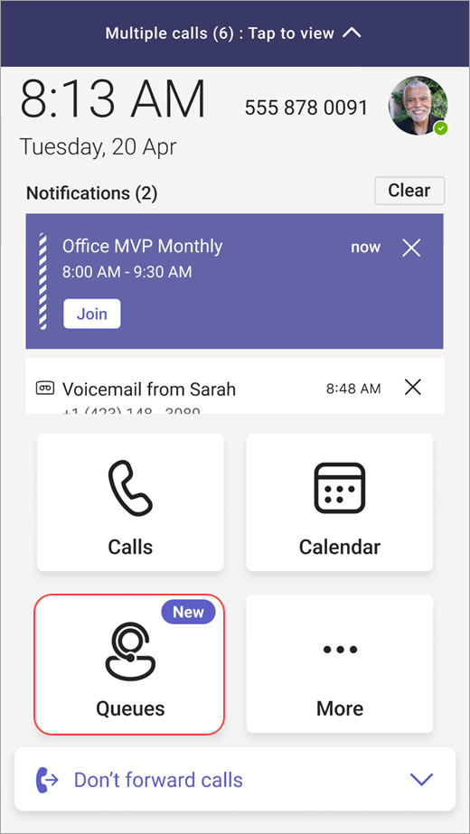 Screenshot showing entry point into Queues on a Teams Phone device
