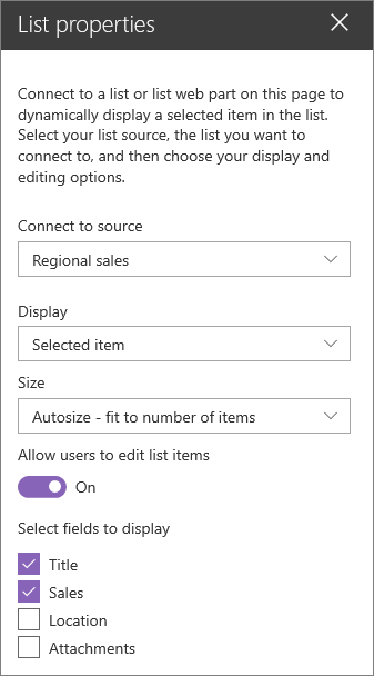 List properties web part pane
