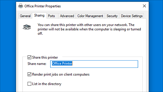 Sharing a printer in Printer Properties