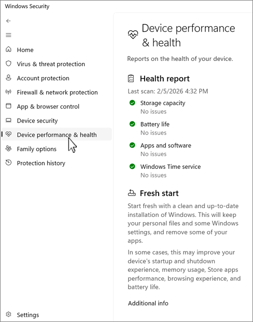 Screenshot of the device and performance page of the Windows Security app.