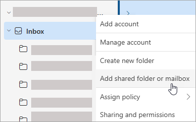 Screenshot showing selection to Add shared folder or mailbox
