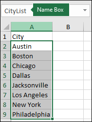 Named range selected with name in the Address box