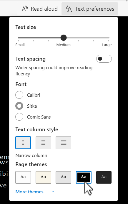 Immersive Reader textual preferences options in Word