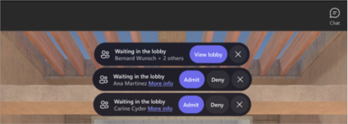 Screenshot showing an organizer's view of lobby notifications in an immersive event.