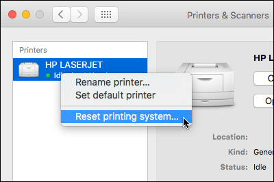 Control Click the printers list to access Reset Printing System on OSX