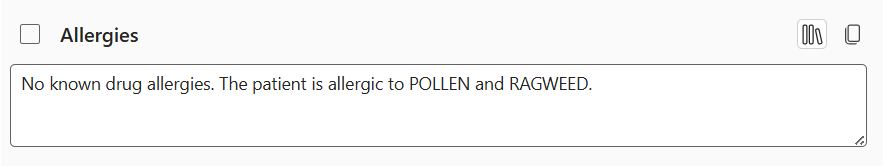 Allergies section before the application of a custom allergy template.