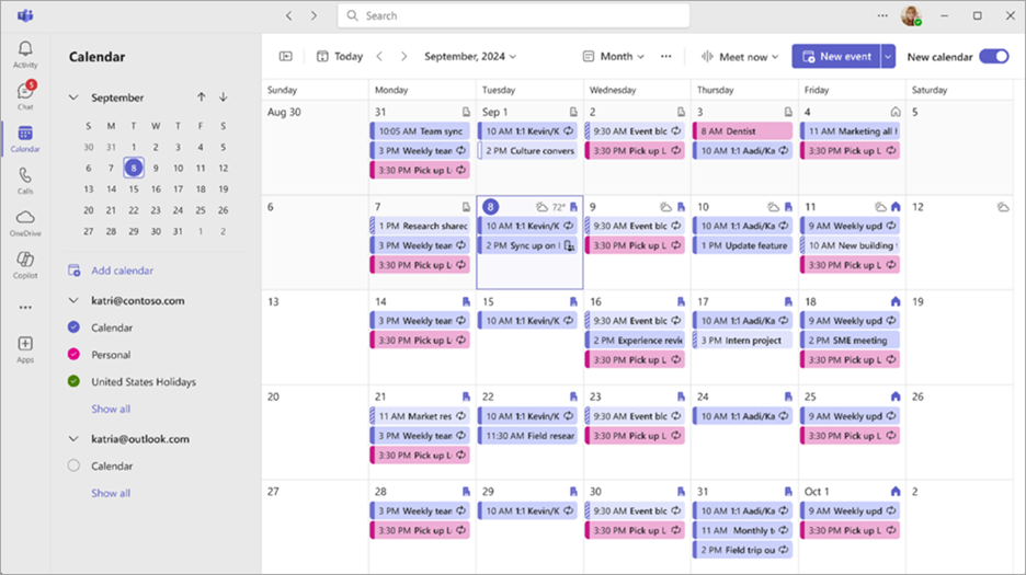 Screenshot showing the combined view in the new Teams calendar.