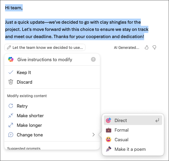 Choose to keep, discard, regenerate, or change your tone and length options