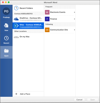 The file open dialog box in Microsoft Word for Mac for Office 365