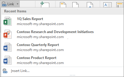 The Link Gallery lets you choose from recent Office files you've worked on to insert a link into the current document.