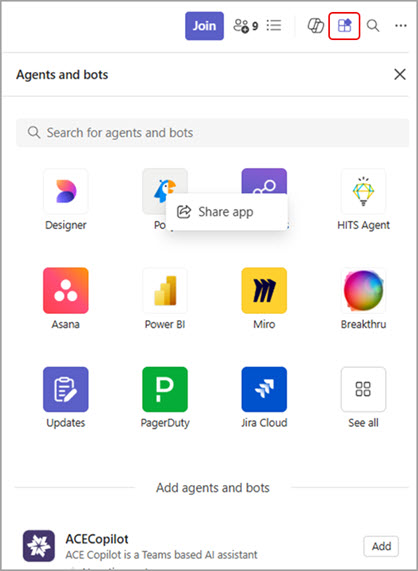 Screenshot showing how to share an app from a chat, channel or meeting chat in Teams.