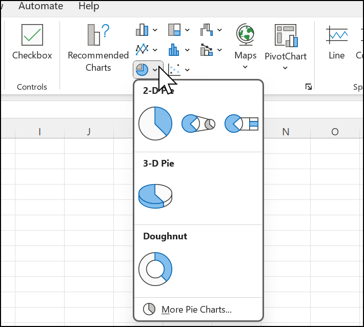 Insert tab, charts menu