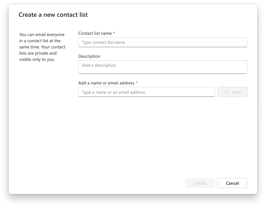 Create dialog for creating new contact lists