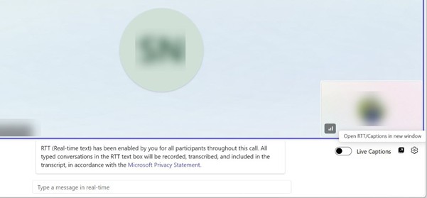 Teams meeting window with RTT panel at the bottom.