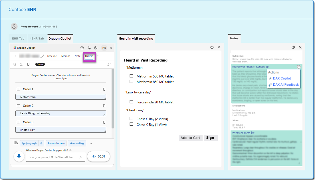 Image of a mock EHR displaying the suggested orders in Dragon Copilot and an EHR.