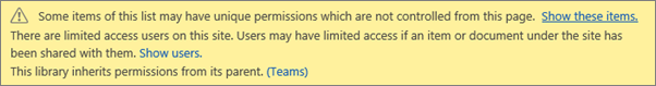 Image showing message for unique permissions for a list or library