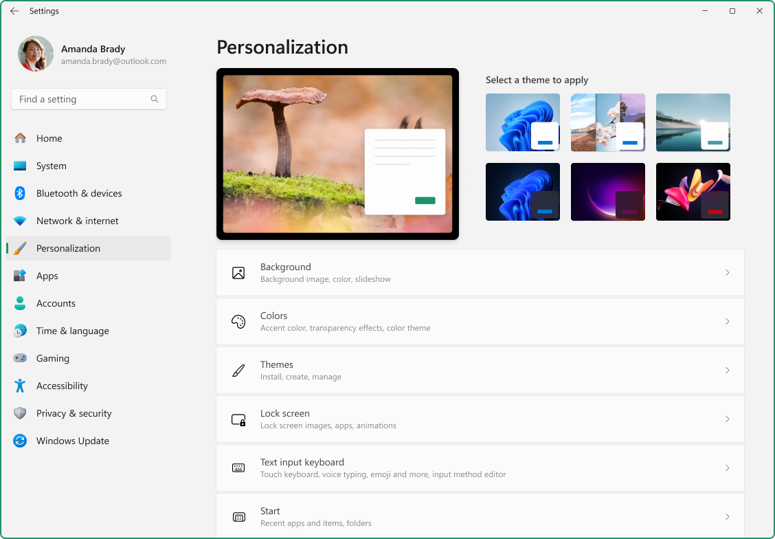 Screenshot of Settings > Personalization.