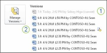 Version history in the backstage view of a Microsoft Word document