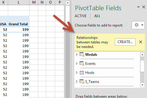 The CREATE... relationship prompt in PivotTable Fields