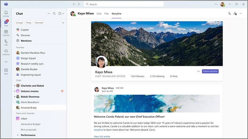Profile page with mountain banner, person's photo, name, title, follower counts, and a post with a link for more info.