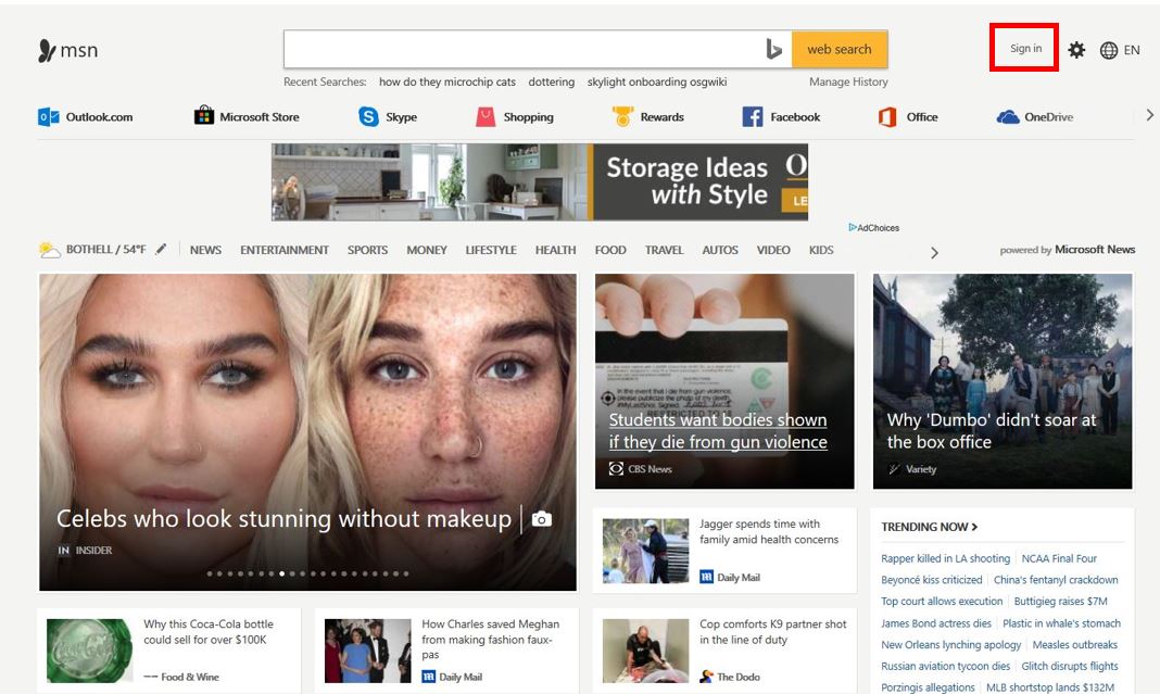 MSN homepage, sign in upper right