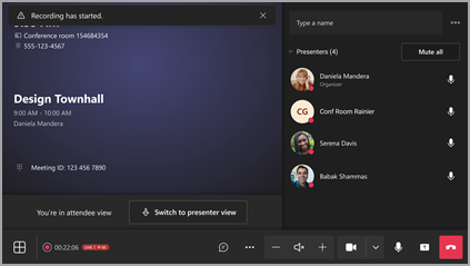 Screenshot showing attendee view in a Teams Room.