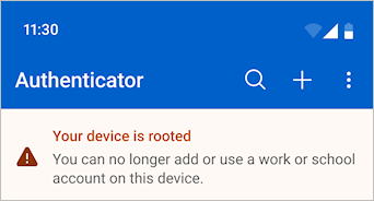 A screenshot showing a "device is rooted" warning message in Microsoft Authenticator.