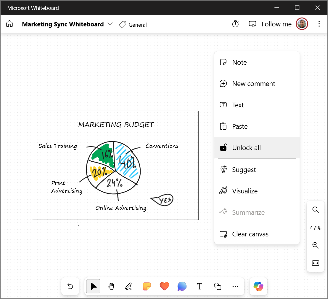 Image showing how to unlock all locked objects on a Whiteboard.