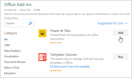 Screenshot of the Office Add-ins page where you can select or search for an add-in for Excel.