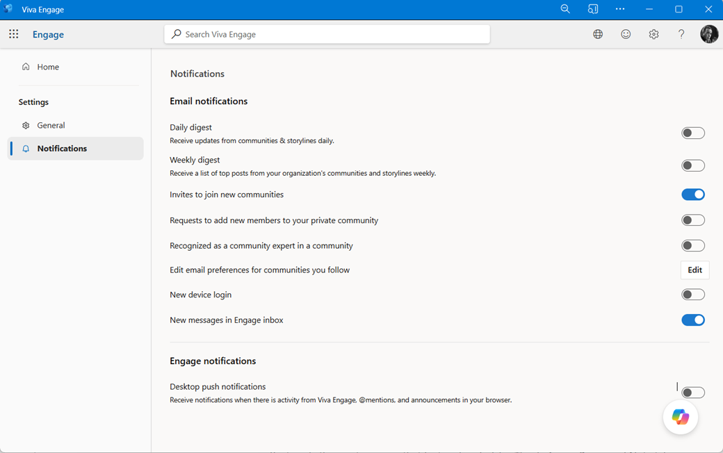Engage net work notifications settings