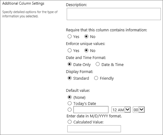 Choices for the date time column
