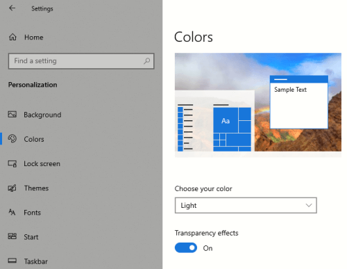 The Windows transparency option in the personalization settings.