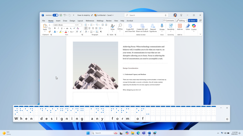 On-screen textual and Braille representation shown over a Word document.