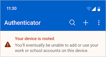 A screenshot showing a "device is rooted" warning message in Microsoft Authenticator.
