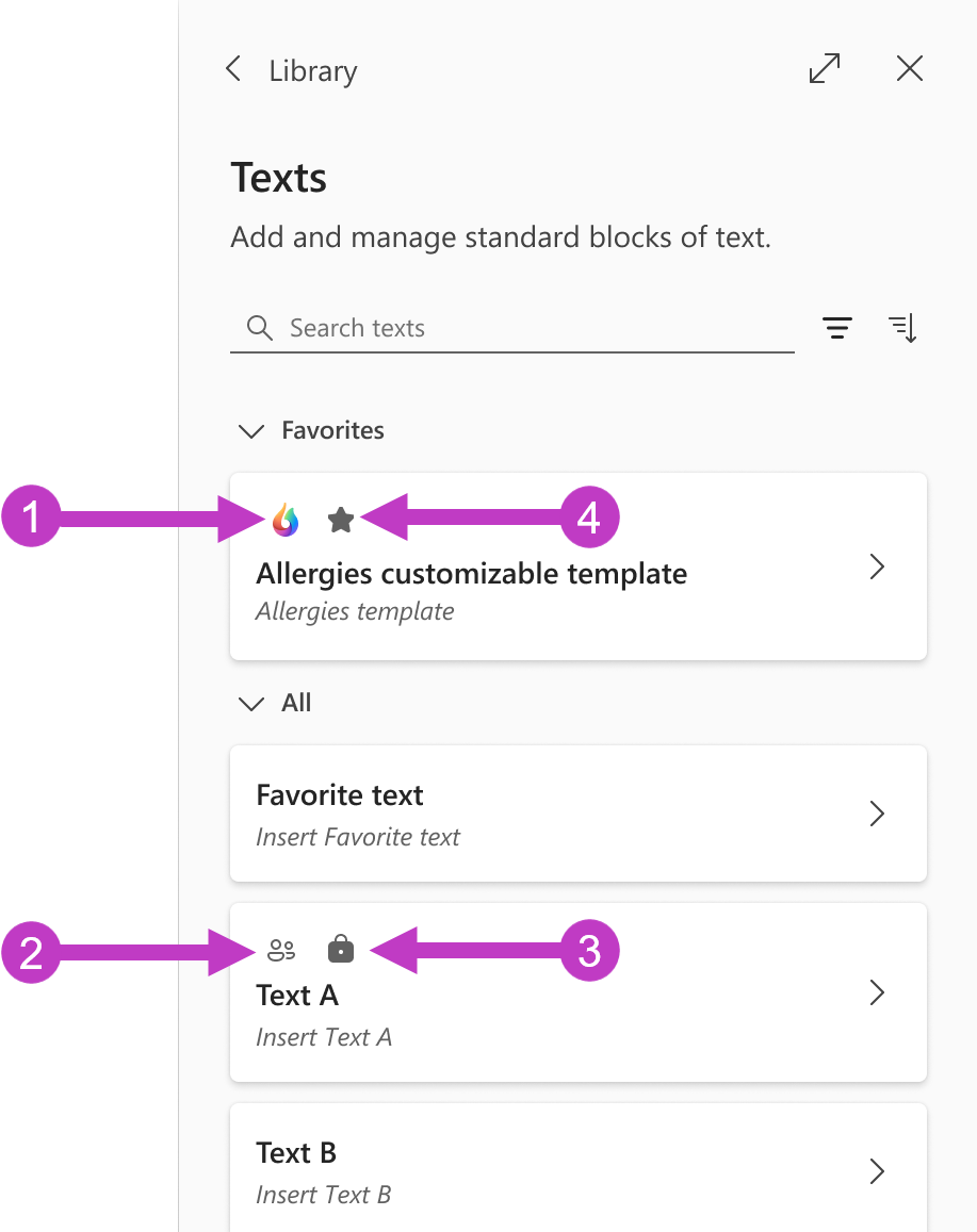 Library > Texts list with icons