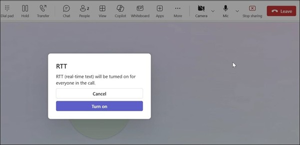 STeams meeting window with Turn on button for RTT.