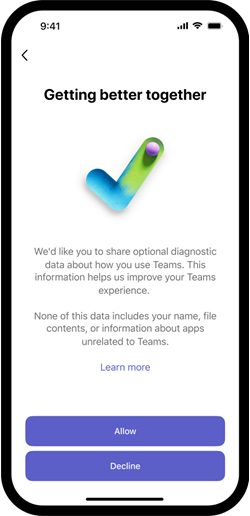 Green checkmark with text with purple buttons allow or decline diagnostic data