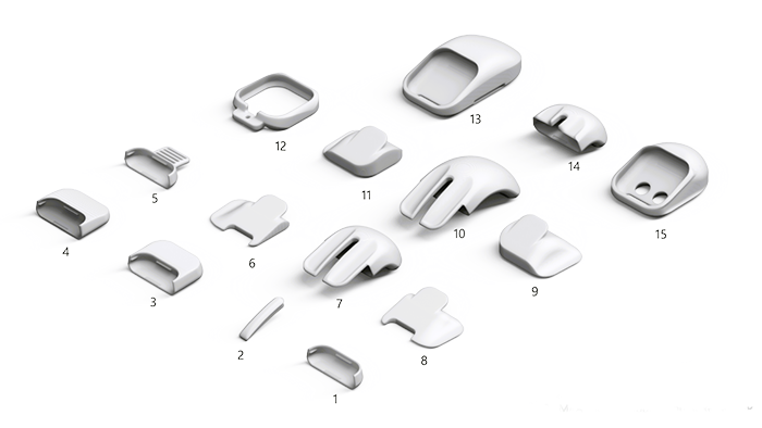 Numbered 3D-printable designs for the Microsoft Adaptive Mouse. Corresponding table will have designs labeled and numbered based on this image.
