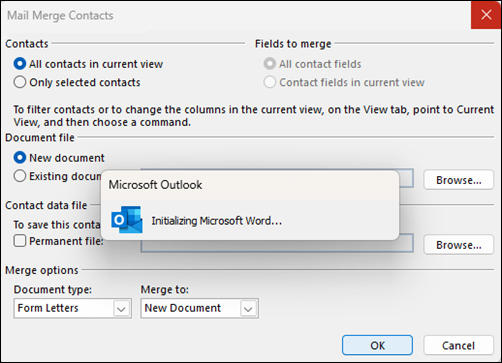 Outlook Mail Merge hangs at initializing window