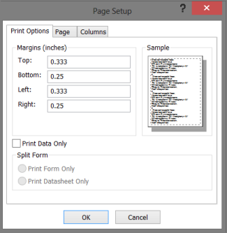 Page setup dialog box