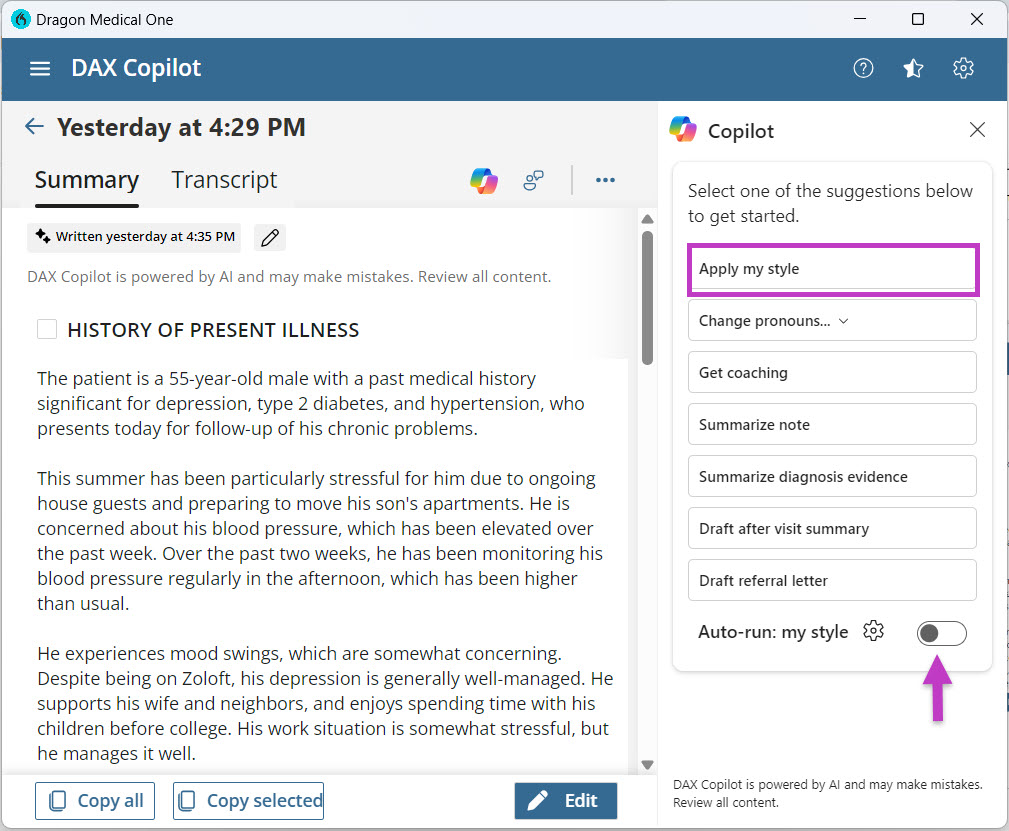 Screenshot of Dragon Medical One with DAX Copilot showing a medical note under "History of Present Illness" and sidebar options like "Apply my style" and "Change pronouns.