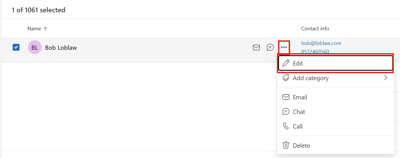 A selected contact which shows all the available options in an overflow menu, with highlight on the "Edit" button