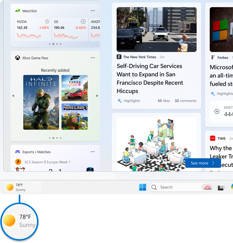 Screenshot of Widgets, with emphasis on the icon on the taskbar.